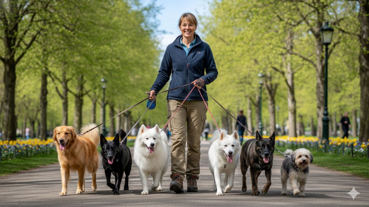 Experienced Dog Walker Handling Dogs Safely