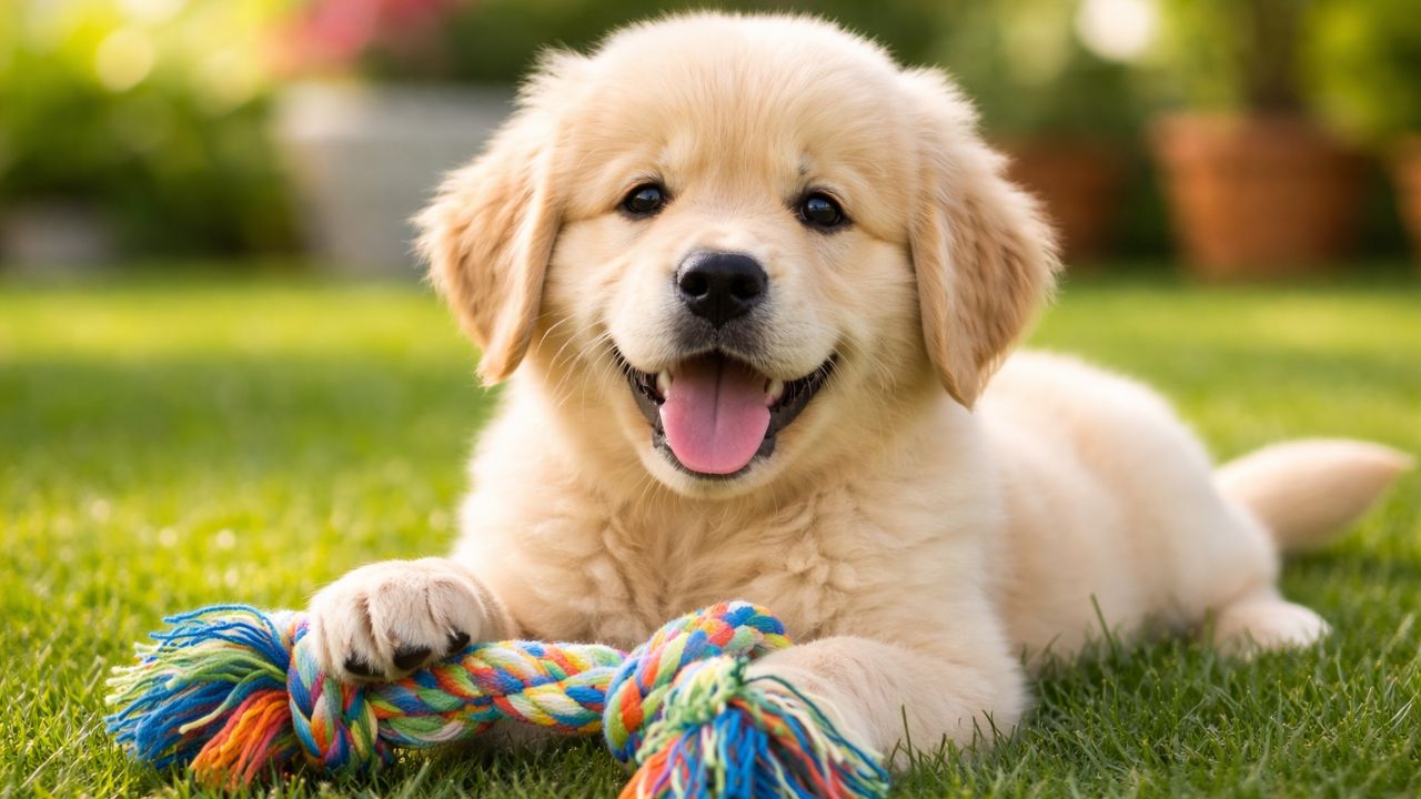A cute golden retriever puppy playing happily, representing friendly and family-loving puppy breeds suitable for Indian homes.