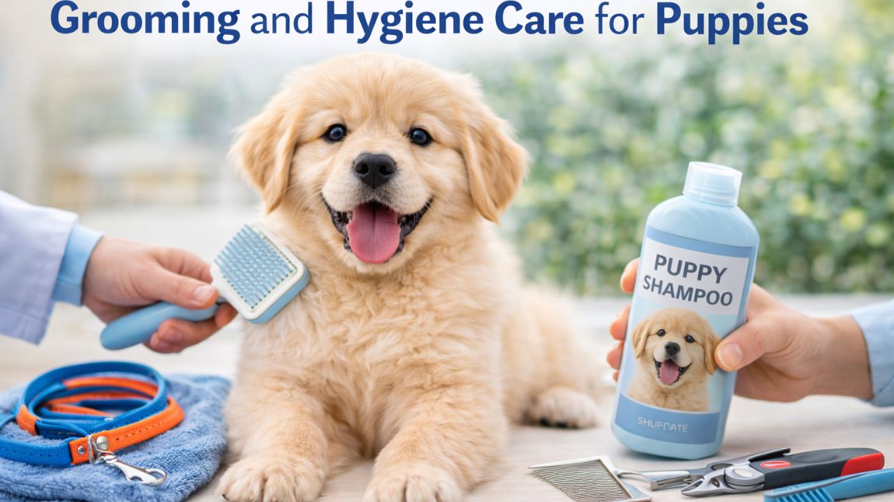 A puppy being gently groomed with shampoo and brushing tools, showing proper grooming and hygiene practices.