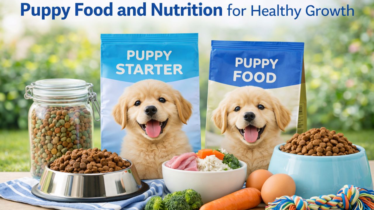 Puppy food, starter diet, and nutritious meals arranged for proper puppy growth and balanced nutrition.