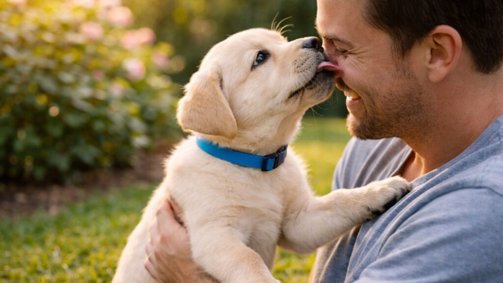 Close-up photo of a cute labrador dog puppy with bright eyes and soft fur, representing the popular labrador breed.