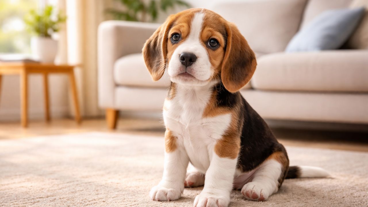 beagle dog sitting inside home showing calm and friendly nature