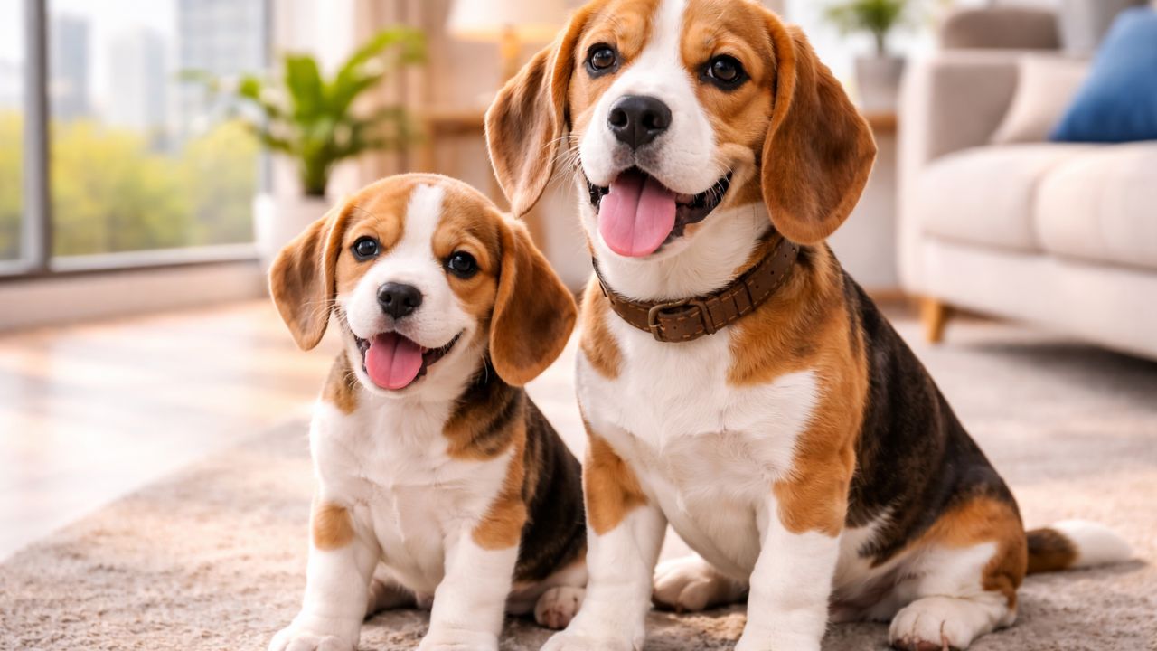 beagle dog relaxing in modern apartment suitable for city living