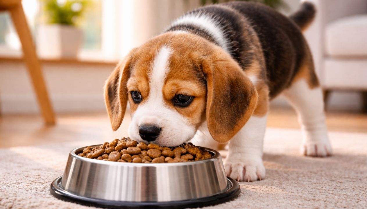beagle puppy eating food from bowl showing healthy diet habits