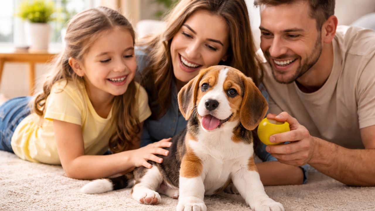 beagle puppy playing with family in living room environment
