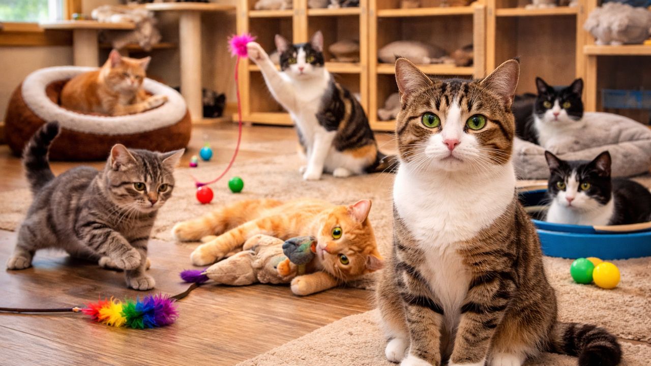 Best cat boarding service in Pune showing a happy and stress-free cat in a clean space