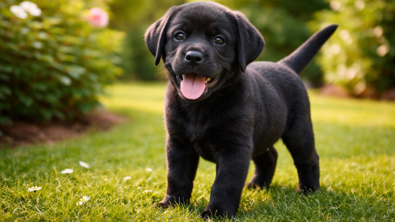 A strong and healthy black labrador dog standing in a garden, one of the most popular labrador dog colors in India.