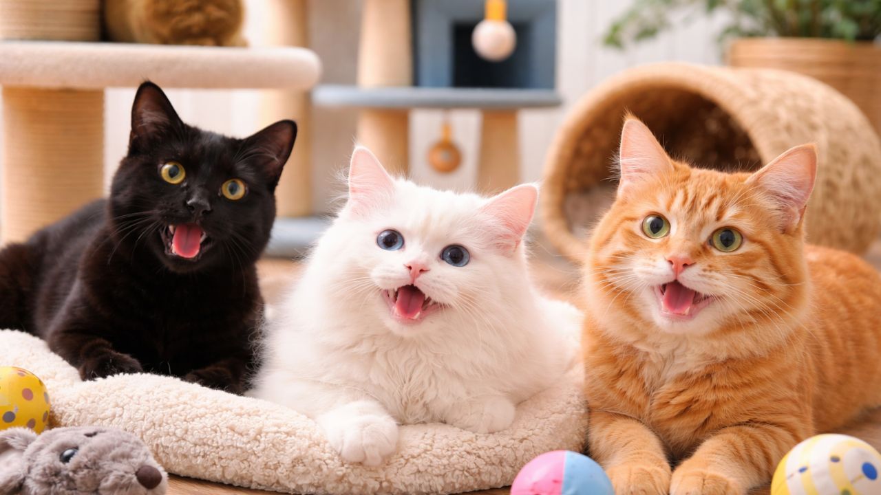 Clean and hygienic cat boarding space in Moshi Pune with food bowls and toys