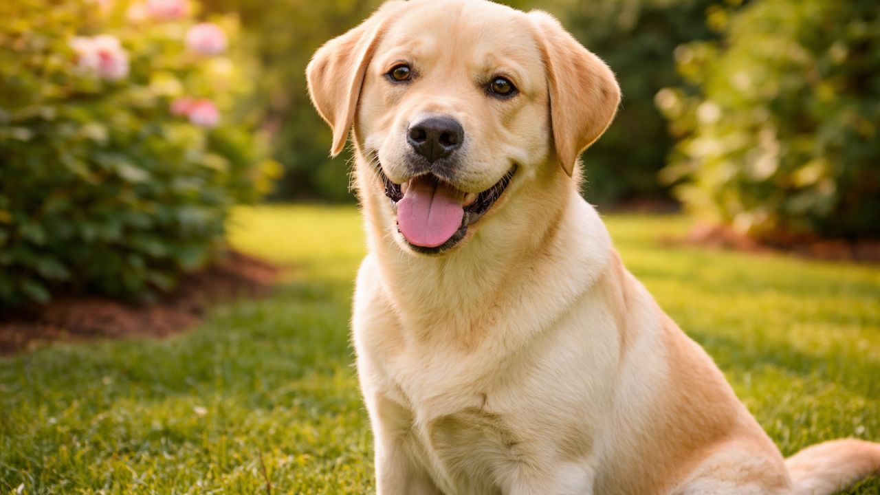 Golden labrador dog sitting calmly with a friendly expression, a loving and loyal companion breed for families.