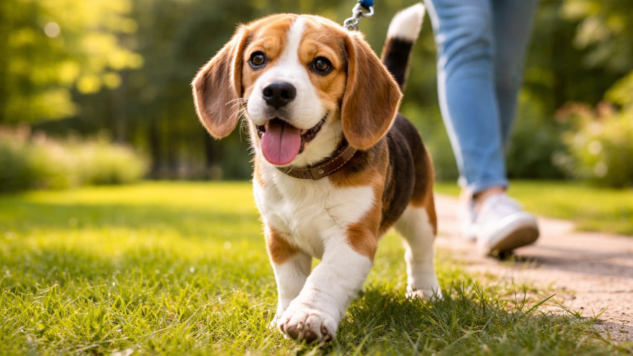 beagle dog walking outdoors on leash during daily exercise