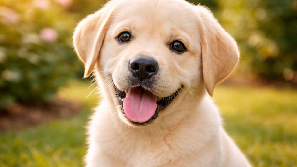 A young labrador dog puppy happily playing with its owner, showing the affectionate nature of the breed.