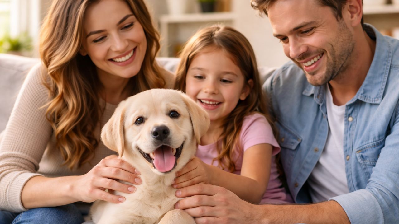 Friendly labrador dog relaxing with a family at home, highlighting why labradors are one of the best family dog breeds.